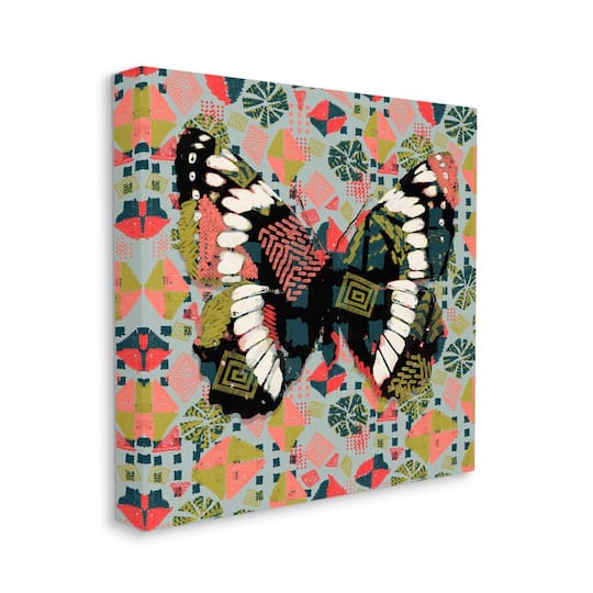 Stupell Industries Butterfly On Pink Blue Pattern Abstract Design Canvas Wall Art